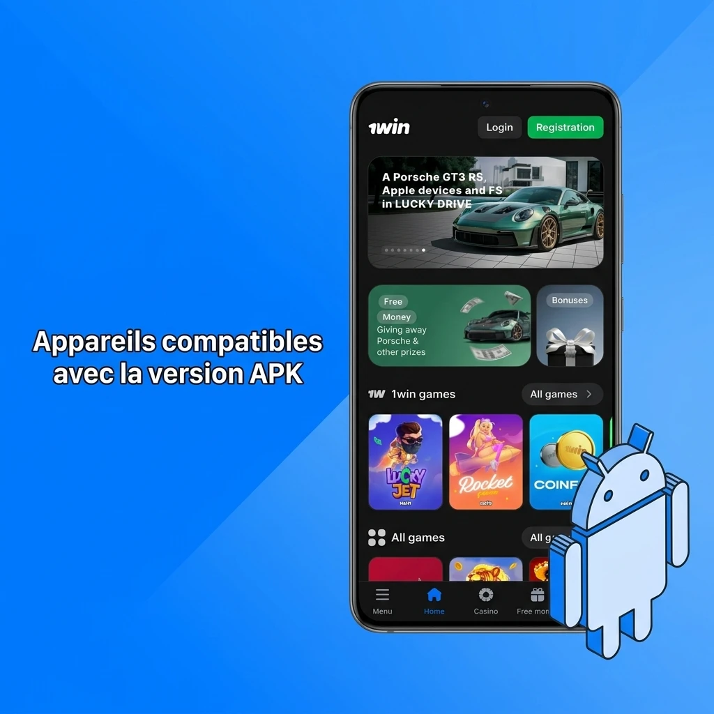 Liste des appareils Android compatibles avec l'APK 1win, incluant Samsung, Sony, Huawei, Google Pixel et Xiaomi
