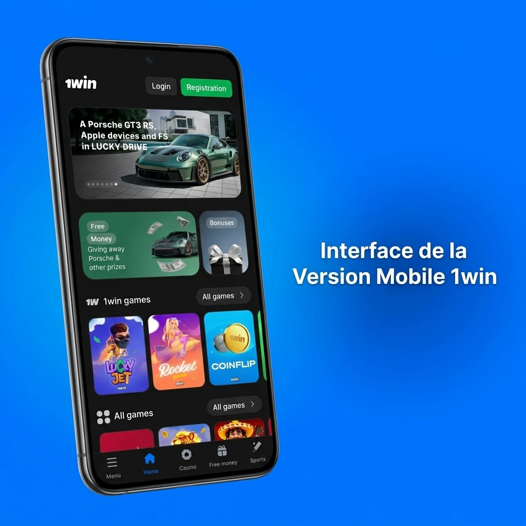 Interface mobile 1win avec menu intuitif pour casino, paris sportifs et promotions sur Android et iOS