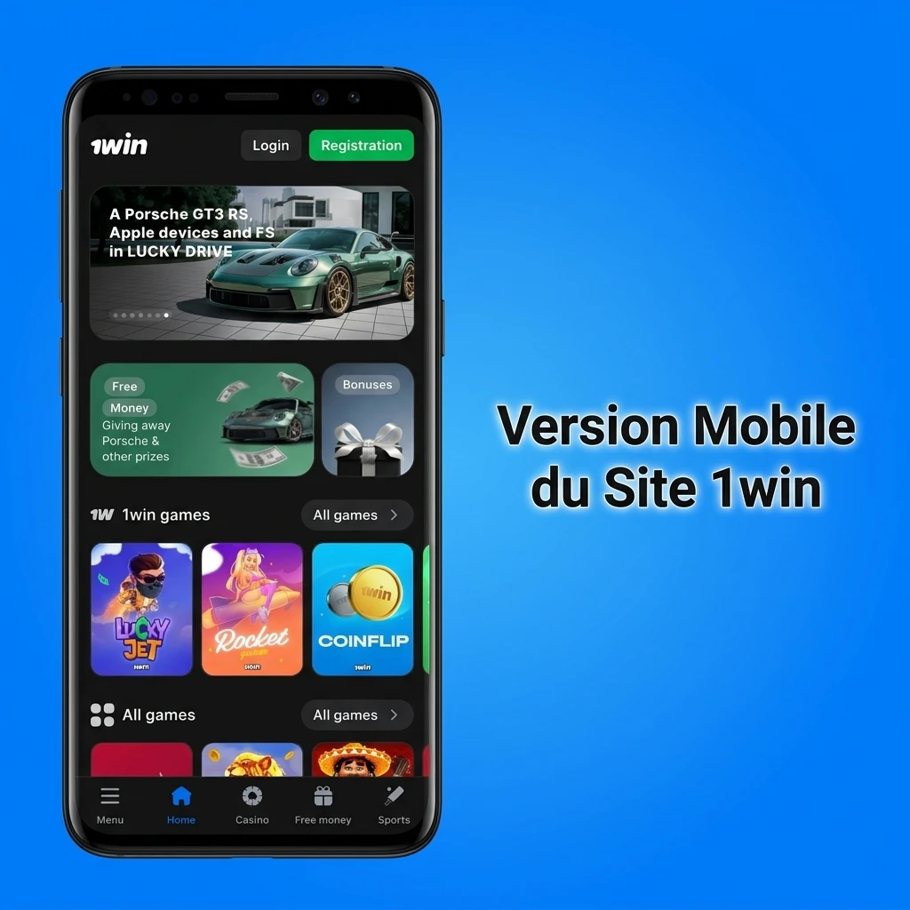 Interface mobile du site 1win accessible sur navigateur, offrant paris sportifs et casino sans téléchargement